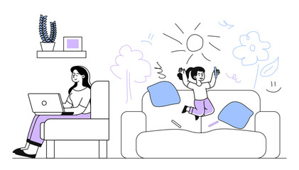 Busy mother at home vector linear