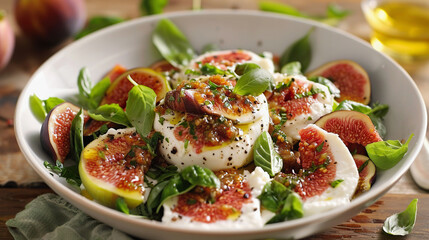 Gourmet burrata and fig salad garnished with greens