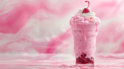 sumptuous pink cherry creme float with whipped cream topping and maraschino cherry on a swirling pink background, with a copy space for text - obrazy, fototapety, plakaty