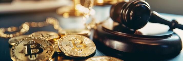 A symbolic representation of legal discussions on Bitcoin with a gavel and coins illuminated. Banner with copy space