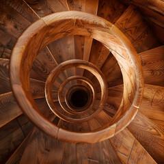 Fototapeta premium A top view of a wooden spiral staircase. Wooden texture. Architecture details.