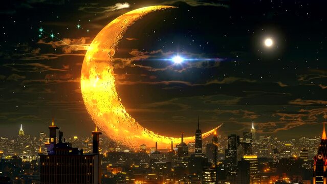 Crescent moon on city landscape at night, beautiful view video background looping 4k for live wallpaper	