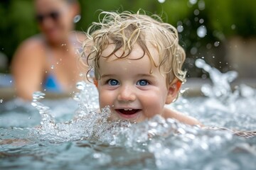 Obraz premium Child swimming in a pool playing water sports fun family vacation children mom dad childhood memory experience happy leisure summer activity smiling cheerful sport splashing swim joy action resort