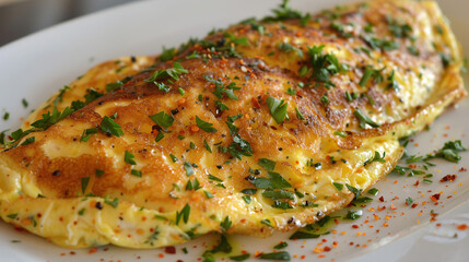 Savory herb omelette with chili flakes in pan