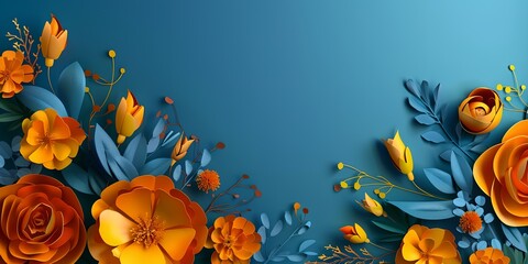 A blue background with a colorful flower arrangement