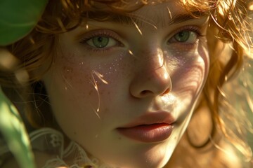 Close-up Portrait of a Young Woman with Sunlit Freckles