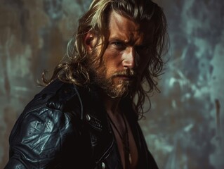 Intense young man with long hair wearing a leather jacket