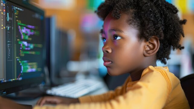 young student learning coding skills on a computer, representing the importance of computer education in the digital age. - Powered by Adobe