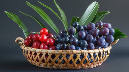 Acai berries and acerola cherries arranged in a decorative fruit basket, symbolizing the abundance of natural superfood goodness.