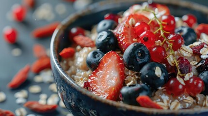 Acai berries and goji berries sprinkled over a bowl of oatmeal, transforming a classic breakfast into a superfood powerhouse. - obrazy, fototapety, plakaty