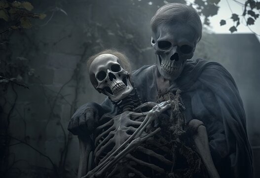 two skeletons in a dark forest with trees in the background and a building in the background with a dark sky..