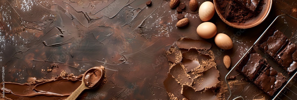 Poster table topped with chocolate and eggs next to a rack of chocolates and a spatula of chocolate