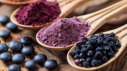 Acai berry powder and other superfood supplements arranged on a wooden spoon, highlighting convenient ways to incorporate superfoods into daily life.