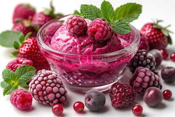 fresh berry sorbet with frozen raspberries and mint leaves for summer dessert menu - obrazy, fototapety, plakaty