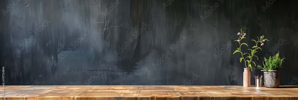 Poster wooden table with two vases with plants in them on it and a black wall behind it with a chalkboard