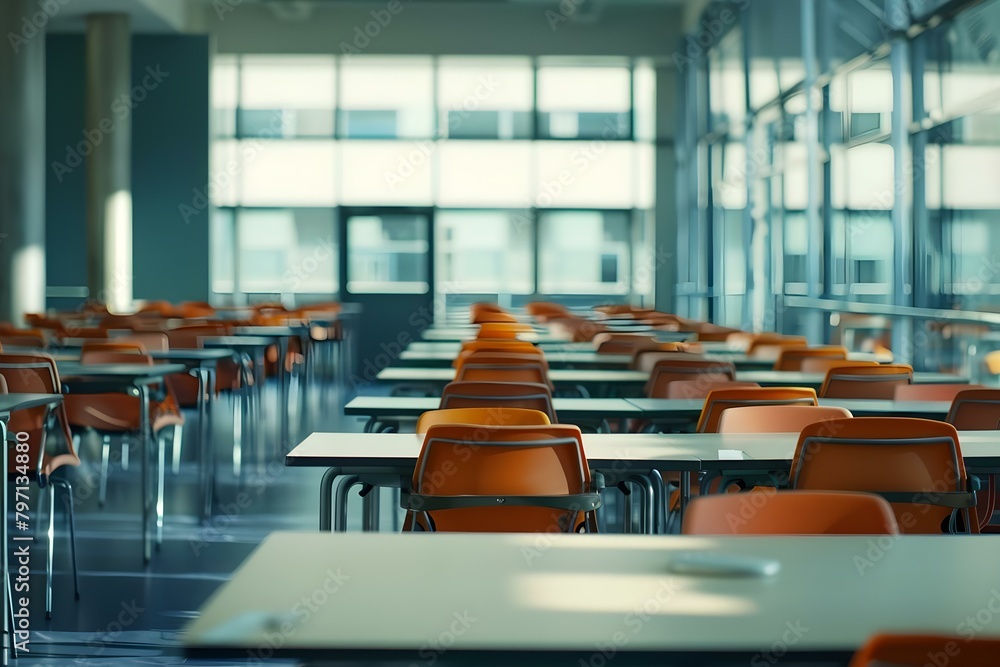 Poster neatly arranged empty room with tables and chairs camera pans showcasing layout. concept room layout