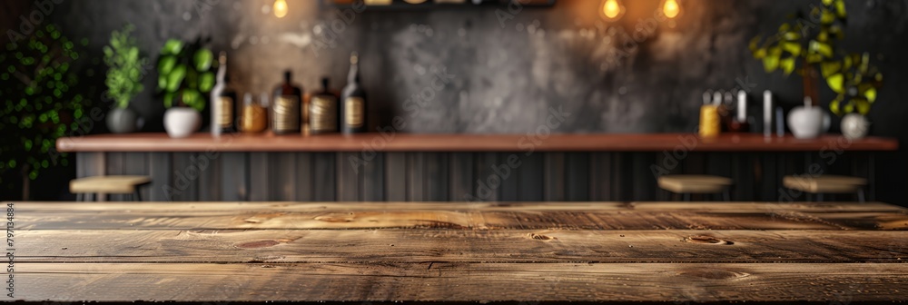 Poster wooden table with a bunch of bottles on it and a shelf with plants in the background in a restaurant