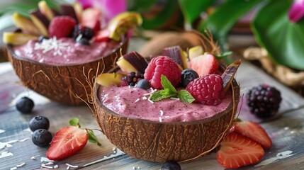 Acai berry smoothie bowls served in coconut shells with tropical fruit garnishes, evoking the exotic appeal of superfood indulgence. - obrazy, fototapety, plakaty