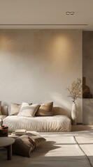 Modern minimalist living room with warm sunlight