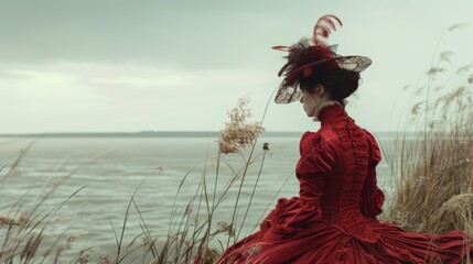 Elegant vintage: woman in baroque renaissance style clothing reminiscent of the victorian era, a timeless portrayal of grace and sophistication in historical fashion 19th century.