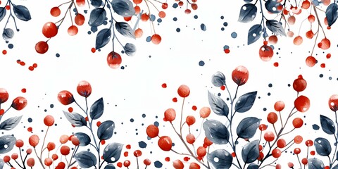 a painting of red berries and leaves on a white background with blue dots and dots on the bottom of the image