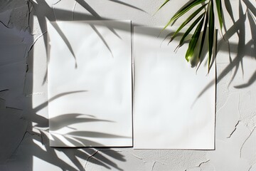 a white wall with two white square shaped paper on it and a green plant in the corner of the wall