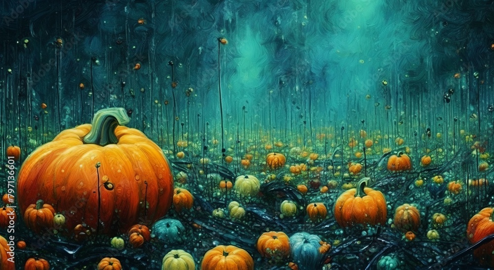 Poster a painting of a pumpkin field with lots of pumpkins in it and a forest of trees in the background..