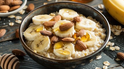 bowl of oatmeal topped with sliced banana, almonds, and honey, offering a nutritious and satisfying breakfast option.