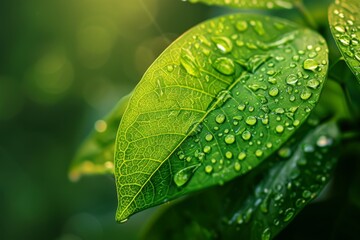 Fresh green leaf with dew drops in morning light