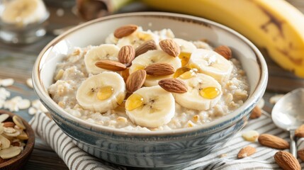 bowl of oatmeal topped with sliced banana, almonds, and honey, offering a nutritious and satisfying breakfast option.