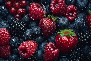 Close-up of mixed berries with droplets, including raspberries, blueberries, and a strawberry.