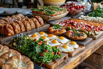 An abundant display of various breakfast foods, including eggs, bread, and salads.