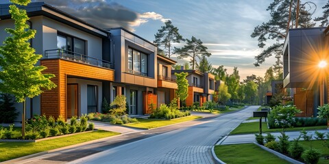 Obraz premium a street with a few houses on it and a street light in the middle of the street with a sun shining on the building