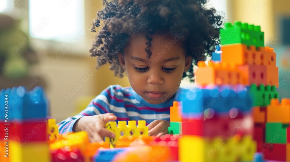 Poster child using educational toys to learn through play, fostering hands-on learning experiences.