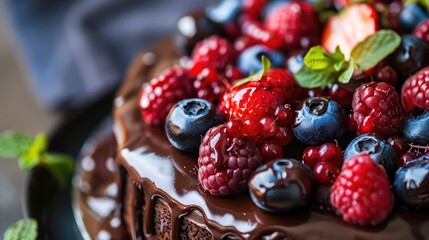 close-up of a decadent chocolate cake topped with ganache and berries, showcasing indulgent dessert...
