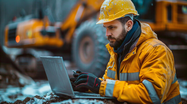 A construction worker in a yellow hard hat attentively uses a laptop on the construction site. - Powered by Adobe