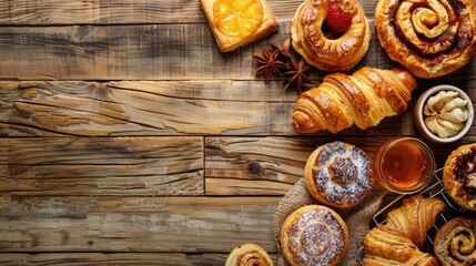 colorful assortment of freshly baked pastries on a rustic wooden table, tempting viewers with delicious treats.