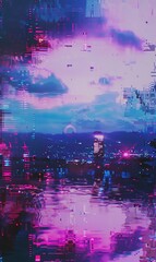 digital purple abstract background with glitch effects and pixelated elements, perfect for creating a futuristic and avant-garde vibe