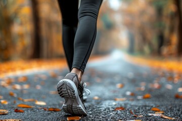 Autumn jogging on a leaf-covered path - obrazy, fototapety, plakaty