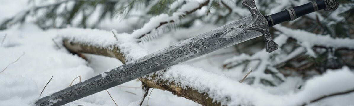 Ornate sword crossed on a snowy forest backdrop