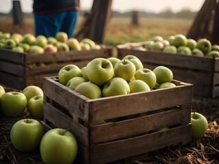 Wooden crates full of green ripe apples after harvest on apple farm, ready for apple juice press. Ecological agriculture concept.