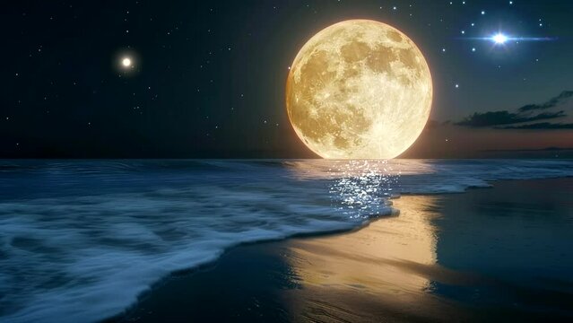 full moon at sea at night, amazing view landscape video looping background for live wallpaper