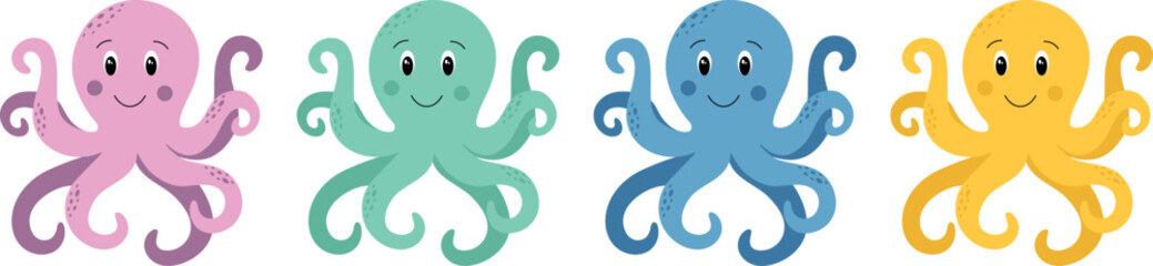 Set of cute octopuses of different colors on a transparent background. Vector isolated illustration.