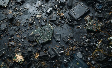 Assorted electronic components and circuit boards on a dark surface