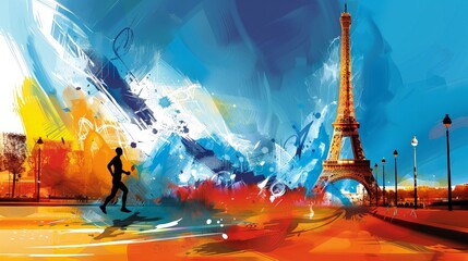 Illustration of Paris Olympic Marathon by the Eiffel Tower. Generative AI.
