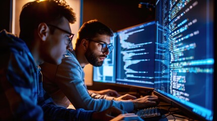Cybersecurity experts analyzing code to protect against cyber threats, showcasing the importance of computer security technology.