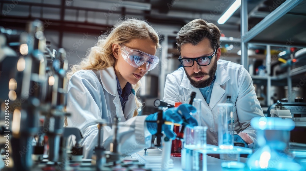 Poster engineers conducting material analysis using spectroscopy equipment in a materials science laborator
