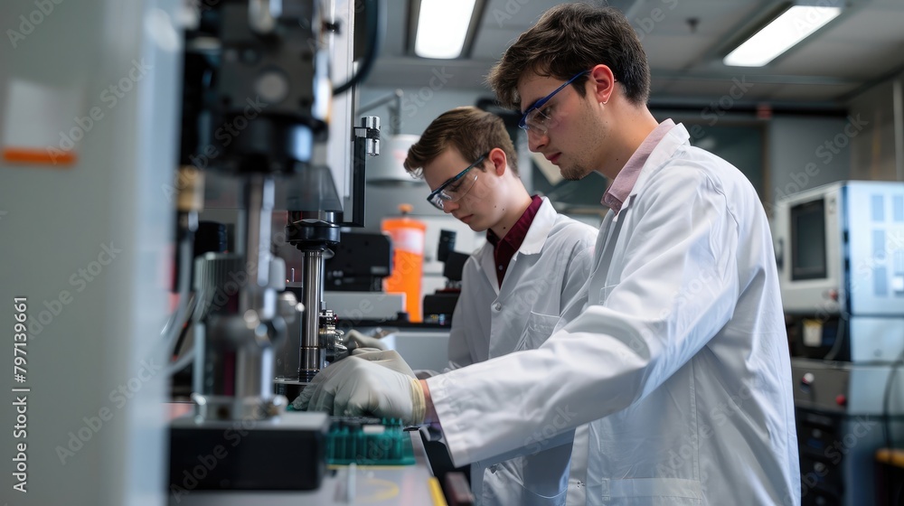 Poster engineers conducting material analysis using spectroscopy equipment in a materials science laborator