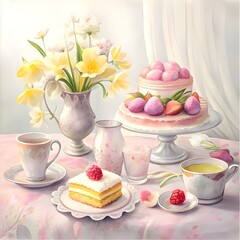 a table adorned with a vase of enchanting spring bouquet flowers and a  tempting cake. - obrazy, fototapety, plakaty