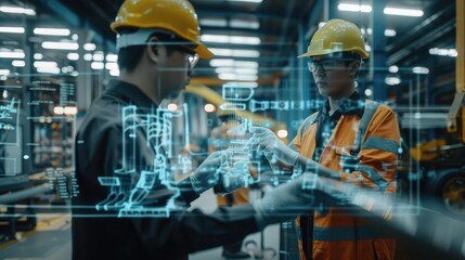 Fototapeta premium Engineers conducting quality control inspections using AI-powered image recognition technology, ensuring product excellence in manufacturing.